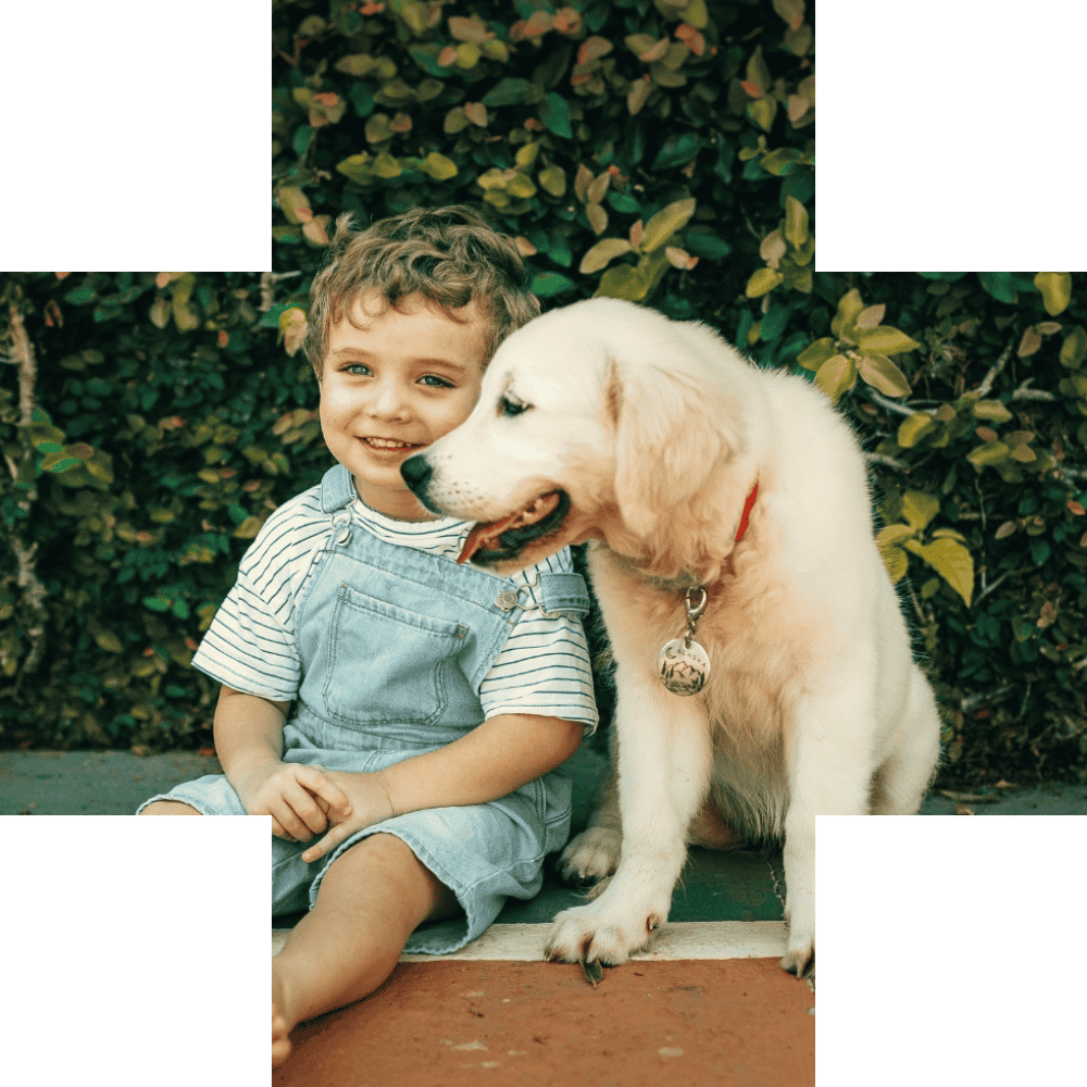 Puppy and kid sitting together